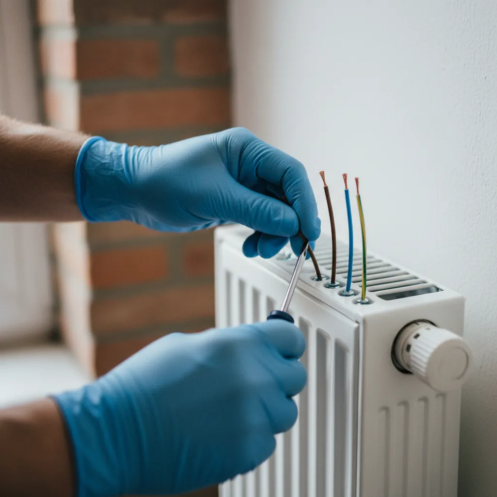Raccordement des fils phase, neutre, terre et fil pilote sur le bornier d'un radiateur
