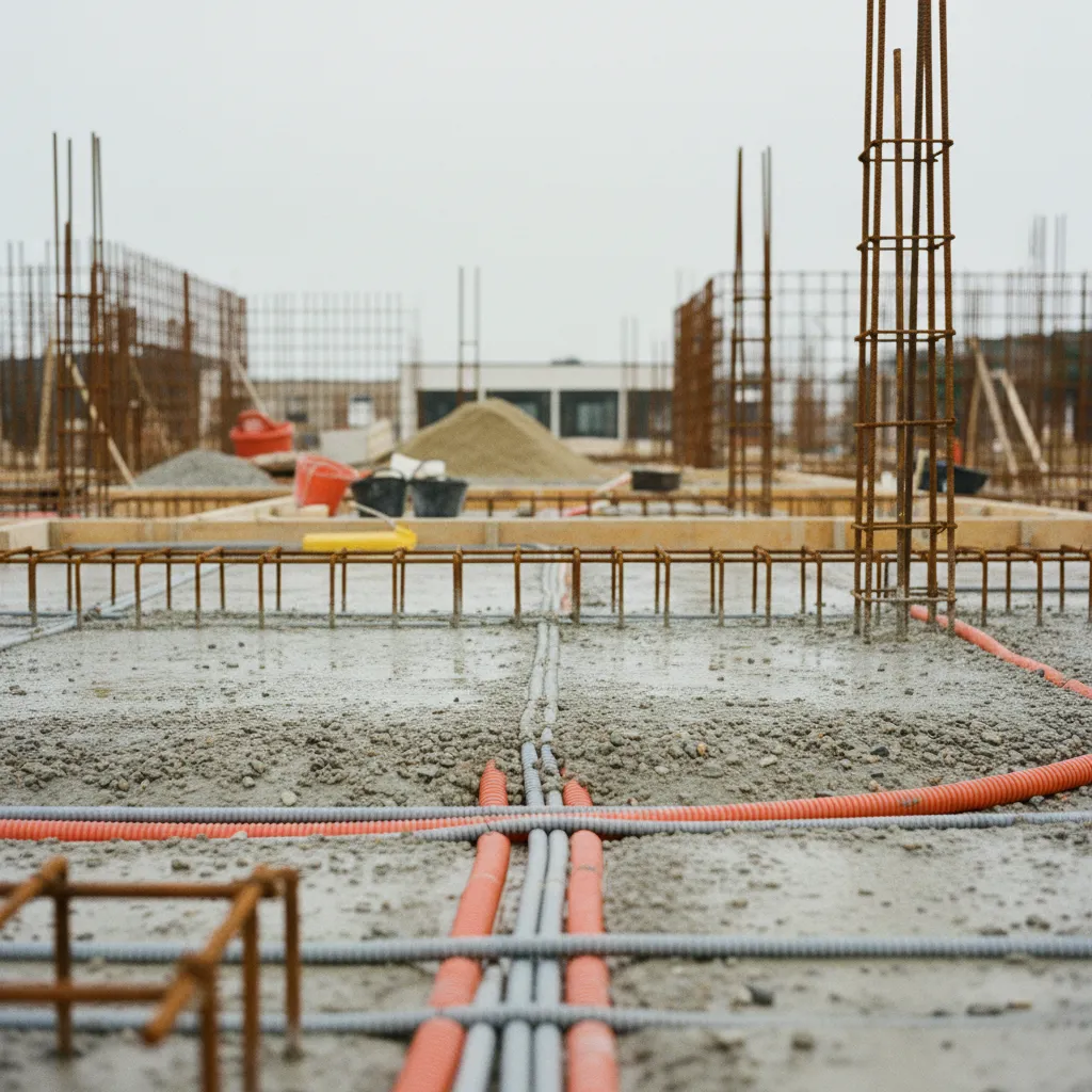 Passage des gaines électriques dans la dalle pendant le gros œuvre d'une maison neuve en Isère