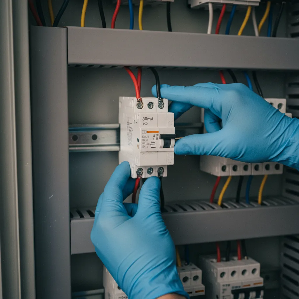 Installation d'un interrupteur différentiel 30 mA sur rail DIN dans un tableau neuf