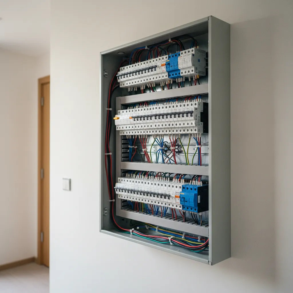 Tableau électrique complet avec quatre rangées de différentiels et disjoncteurs divisionnaires