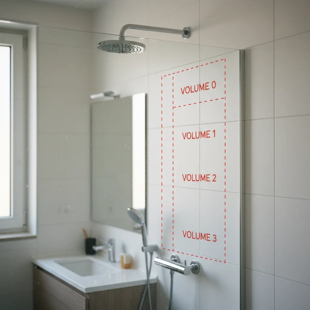 Douche à l'italienne avec paroi fixe en verre délimitant les volumes de sécurité électrique