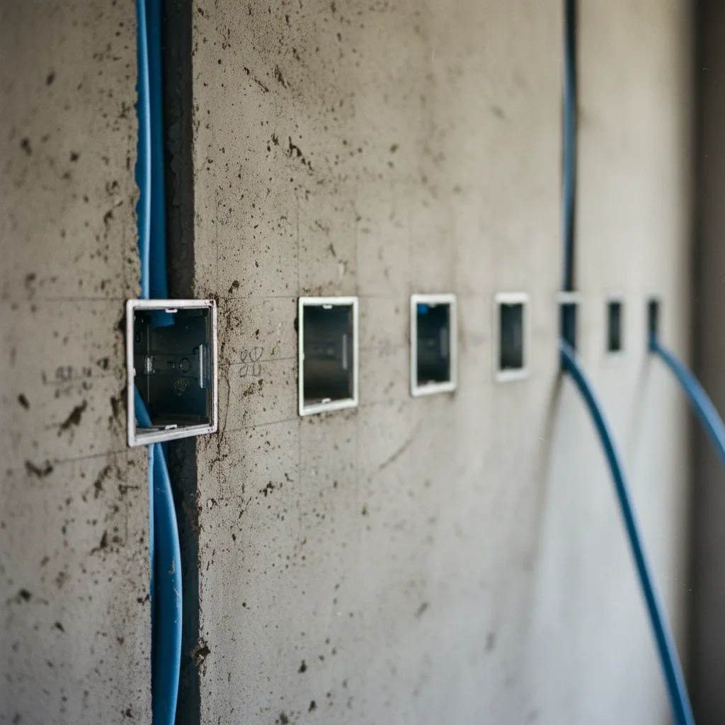 Boîtiers d'encastrement alignés à hauteur constante avant la pose des prises