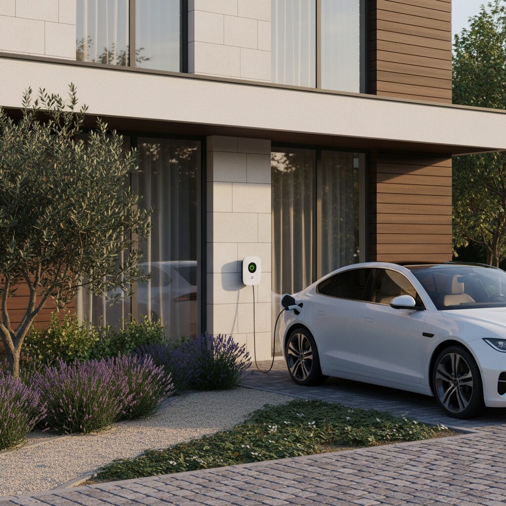 Voiture électrique en charge sur une wallbox extérieure devant une maison