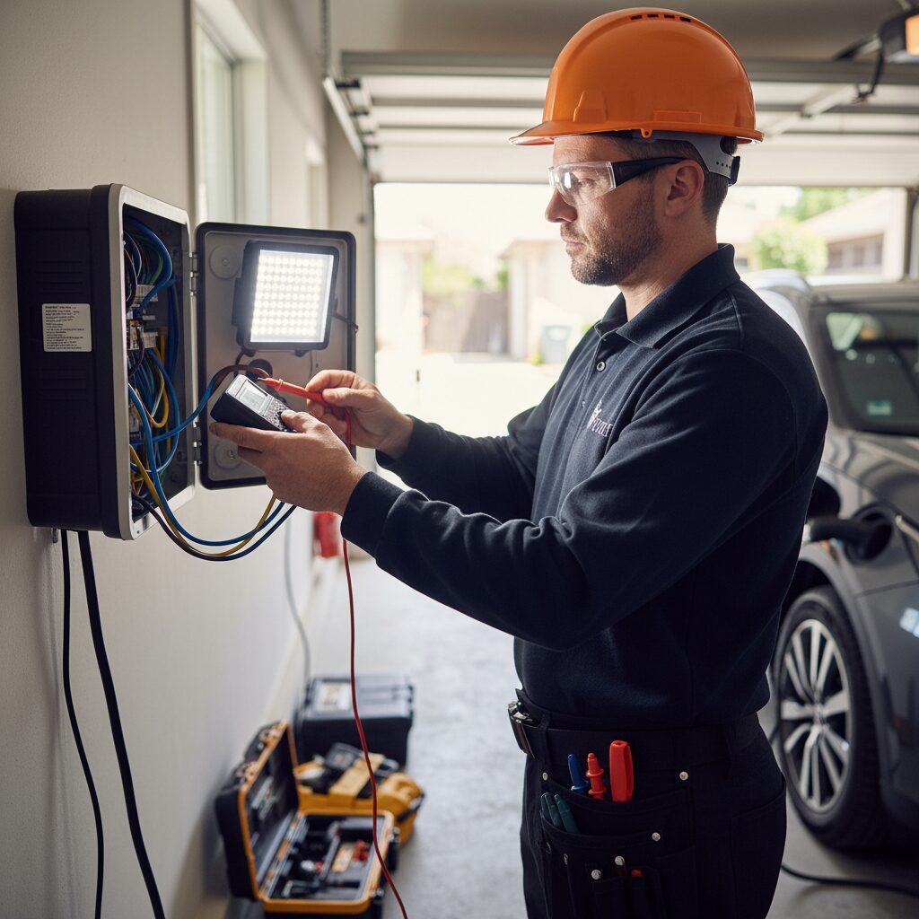 Électricien qualifié IRVE contrôlant l'installation d'une borne de recharge résidentielle