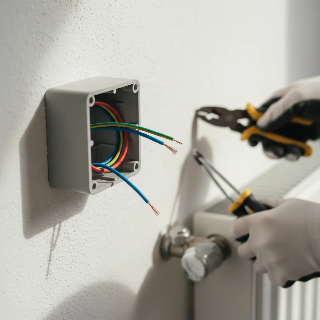 Boîte de connexion murale avec les trois fils prêts pour le raccordement du radiateur