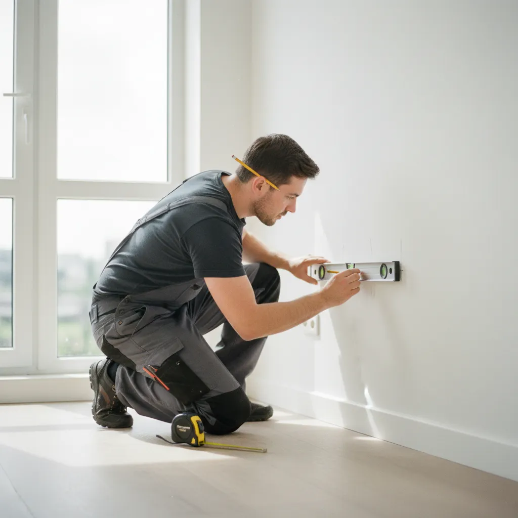 Repérage au niveau à bulle avant la fixation du support mural du radiateur