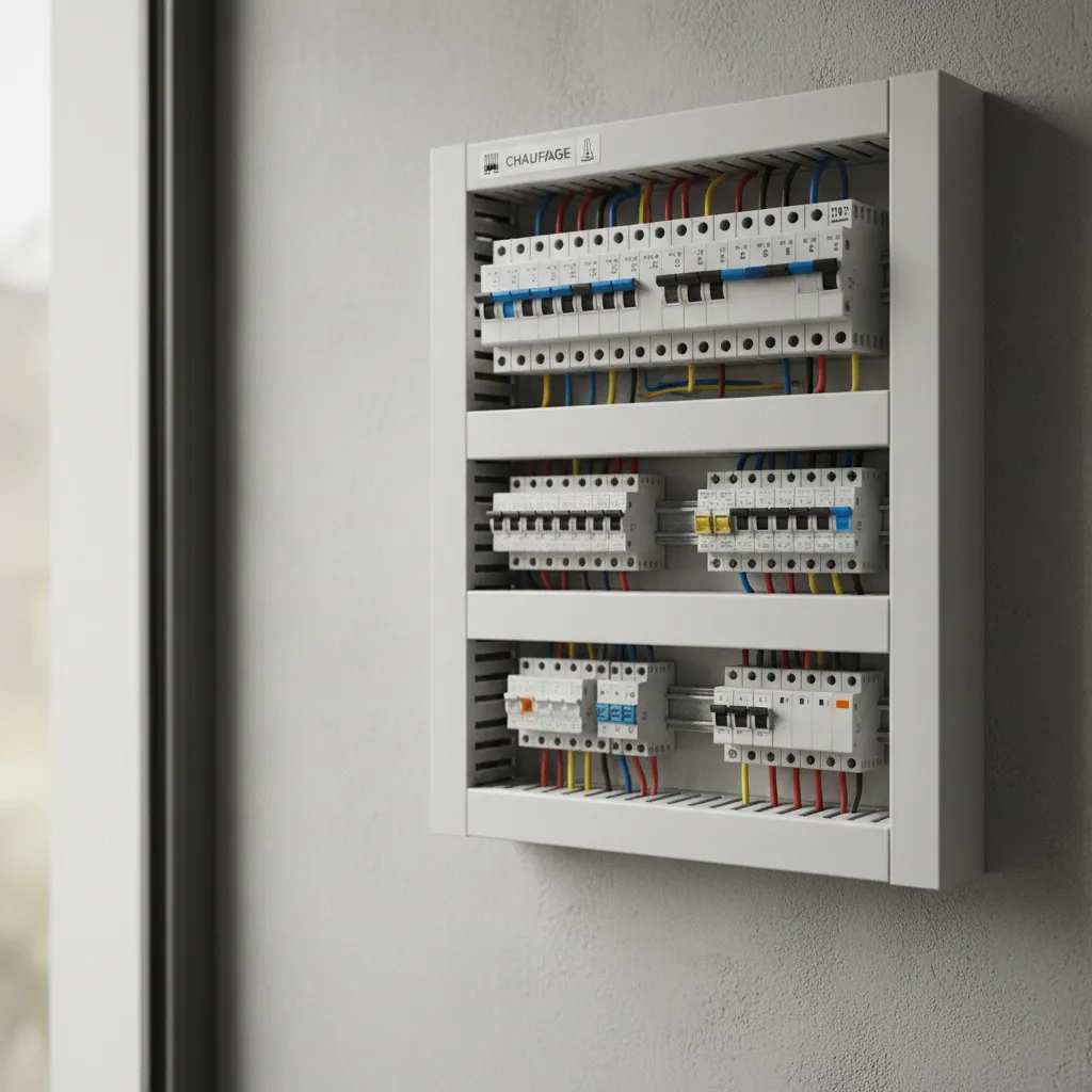 Tableau électrique avec circuits chauffage protégés par disjoncteurs dédiés