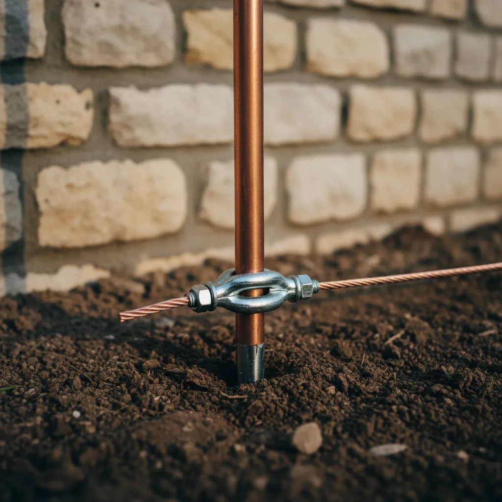 Piquet de terre en acier galvanisé enfoncé dans le sol à proximité d'une maison ancienne
