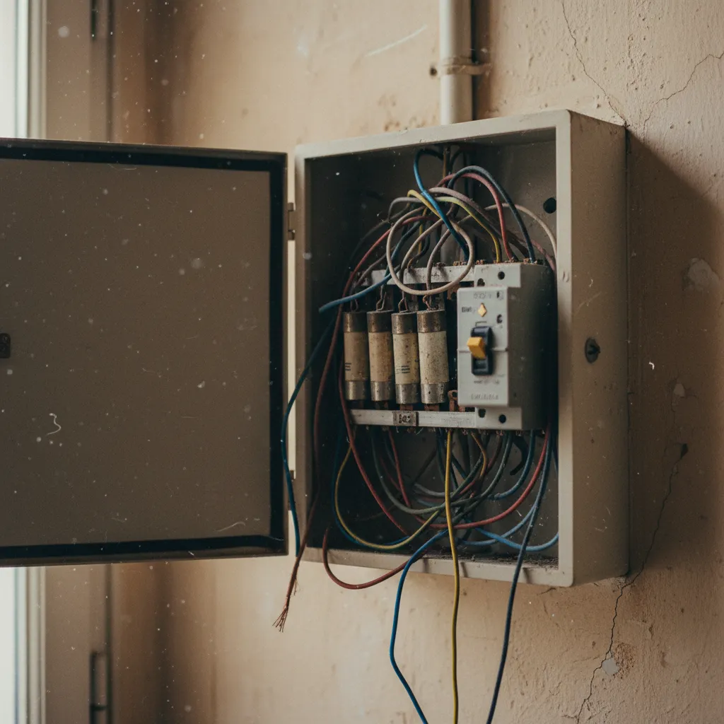 Tableau électrique des années 1980 avec fusibles obsolètes et repérage absent