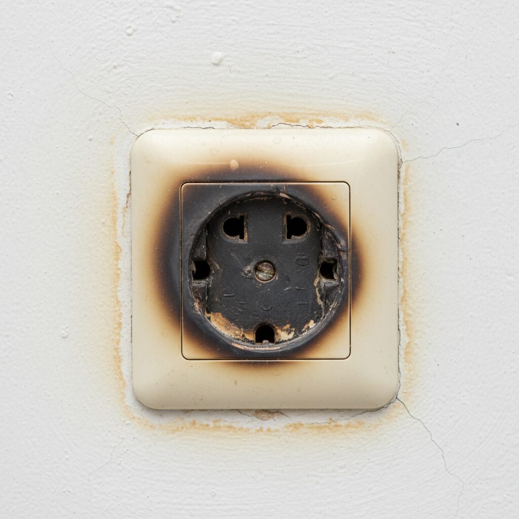 Prise murale présentant des traces visibles de surchauffe et de décoloration