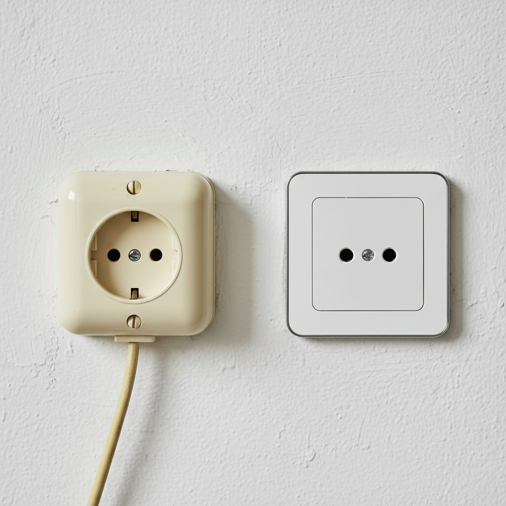 Comparaison entre une ancienne prise en saillie et une prise encastrée moderne