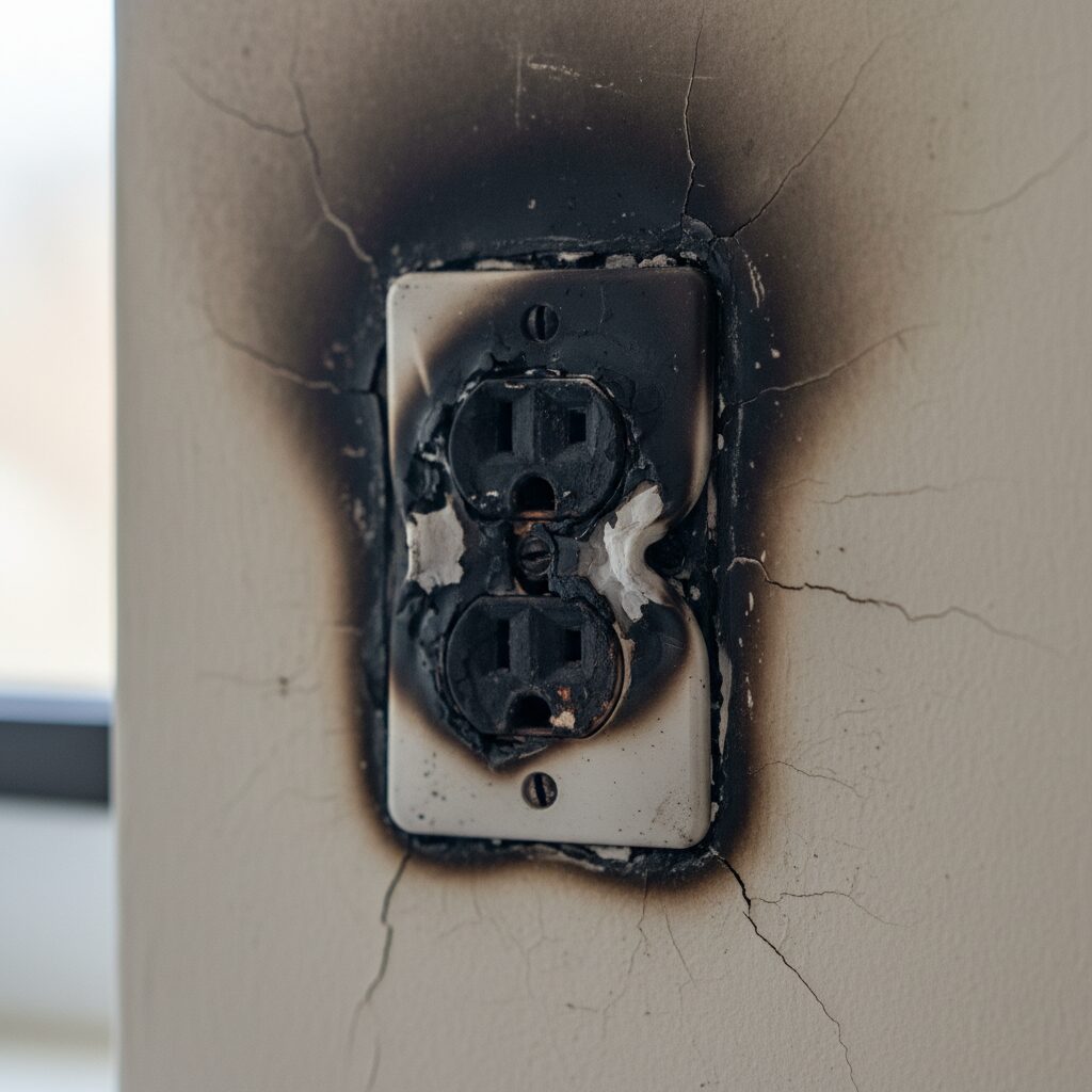Prise électrique fondue après un échauffement prolongé montrant le risque incendie