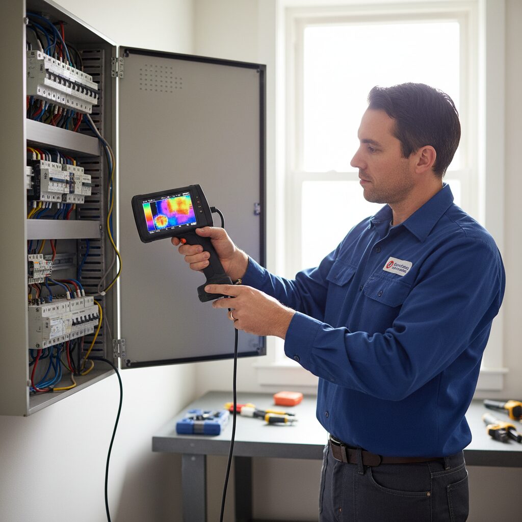 Électricien utilisant une caméra thermique pour diagnostic d'installation électrique