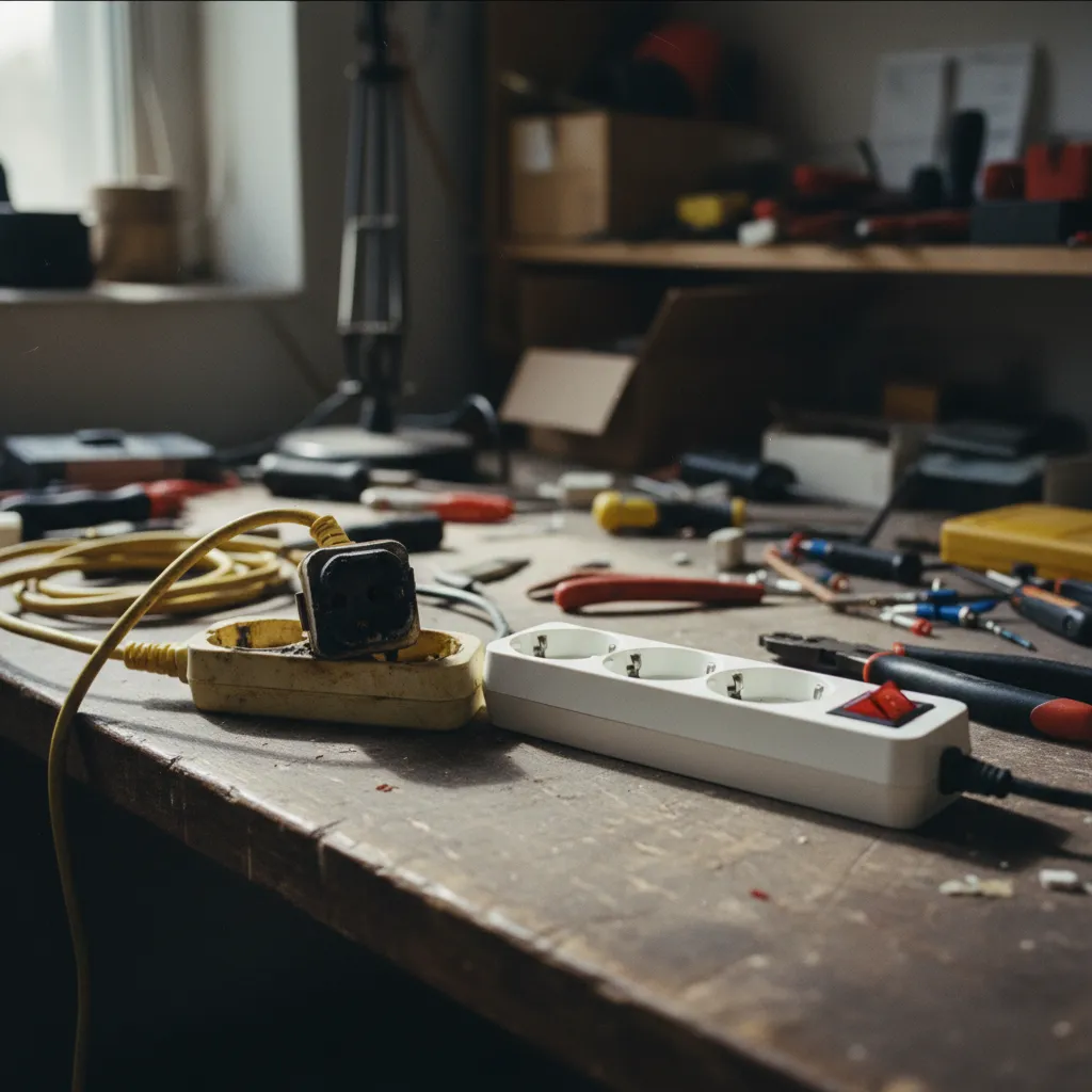 Rallonge vétuste avec traces de chauffe à remplacer immédiatement par un modèle neuf certifié