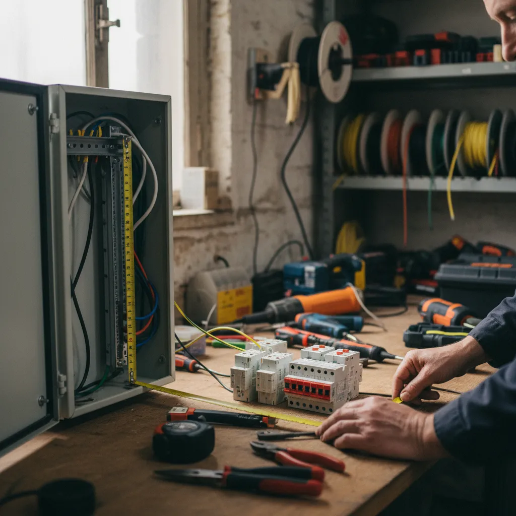 Préparation d'un coffret électrique en atelier avant installation sur chantier
