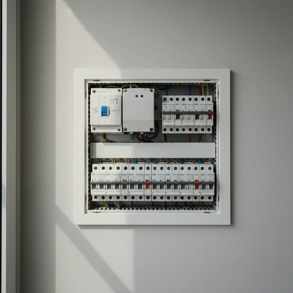 Détail d'un tableau avec interrupteur différentiel type A et parafoudre obligatoire en Isère