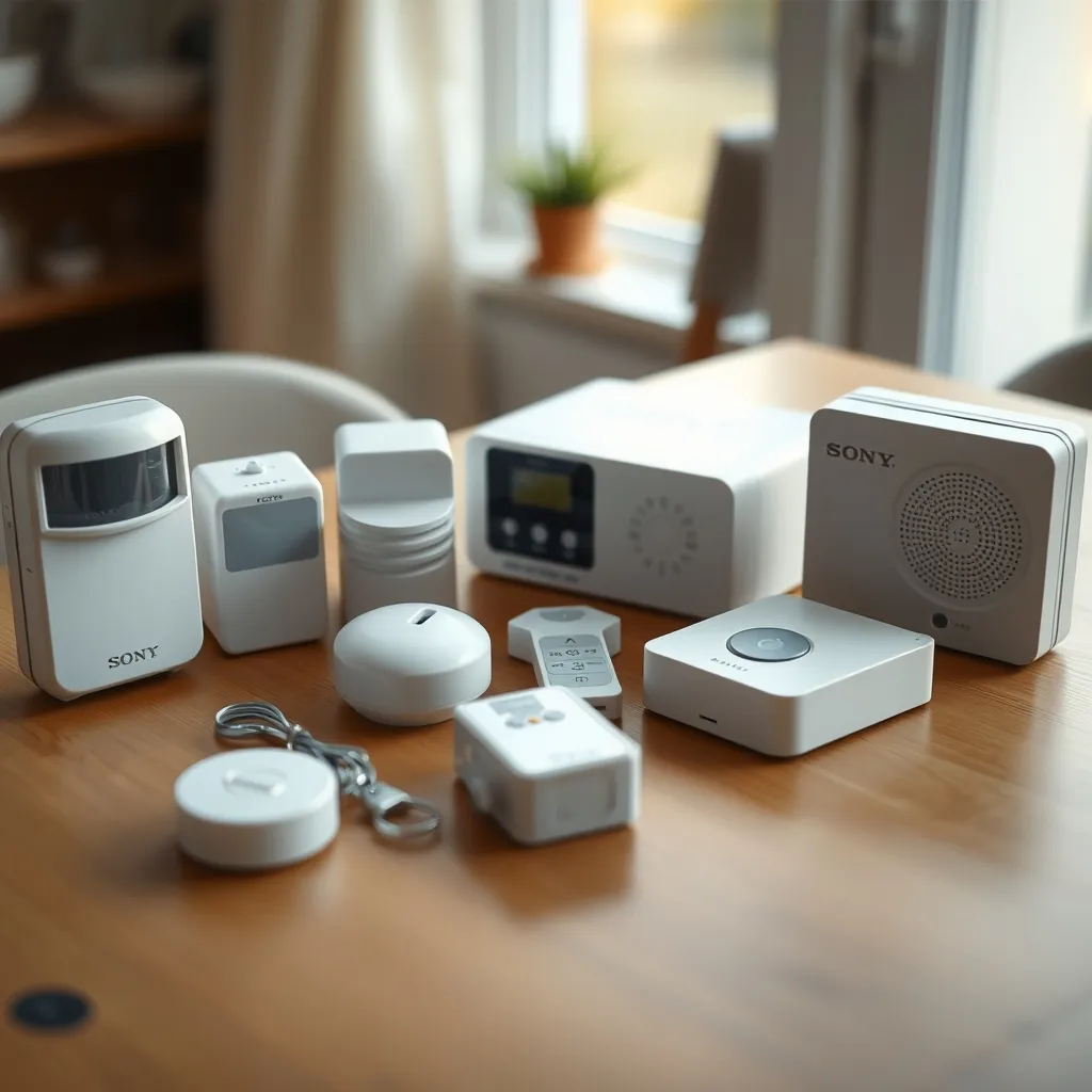 Composants d'un kit d'alarme sans fil : centrale, détecteurs et télécommande