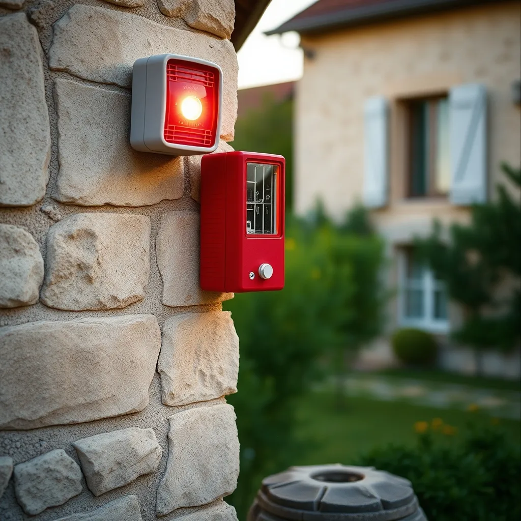 Sirène extérieure avec flash installée en hauteur sur une façade en pierre