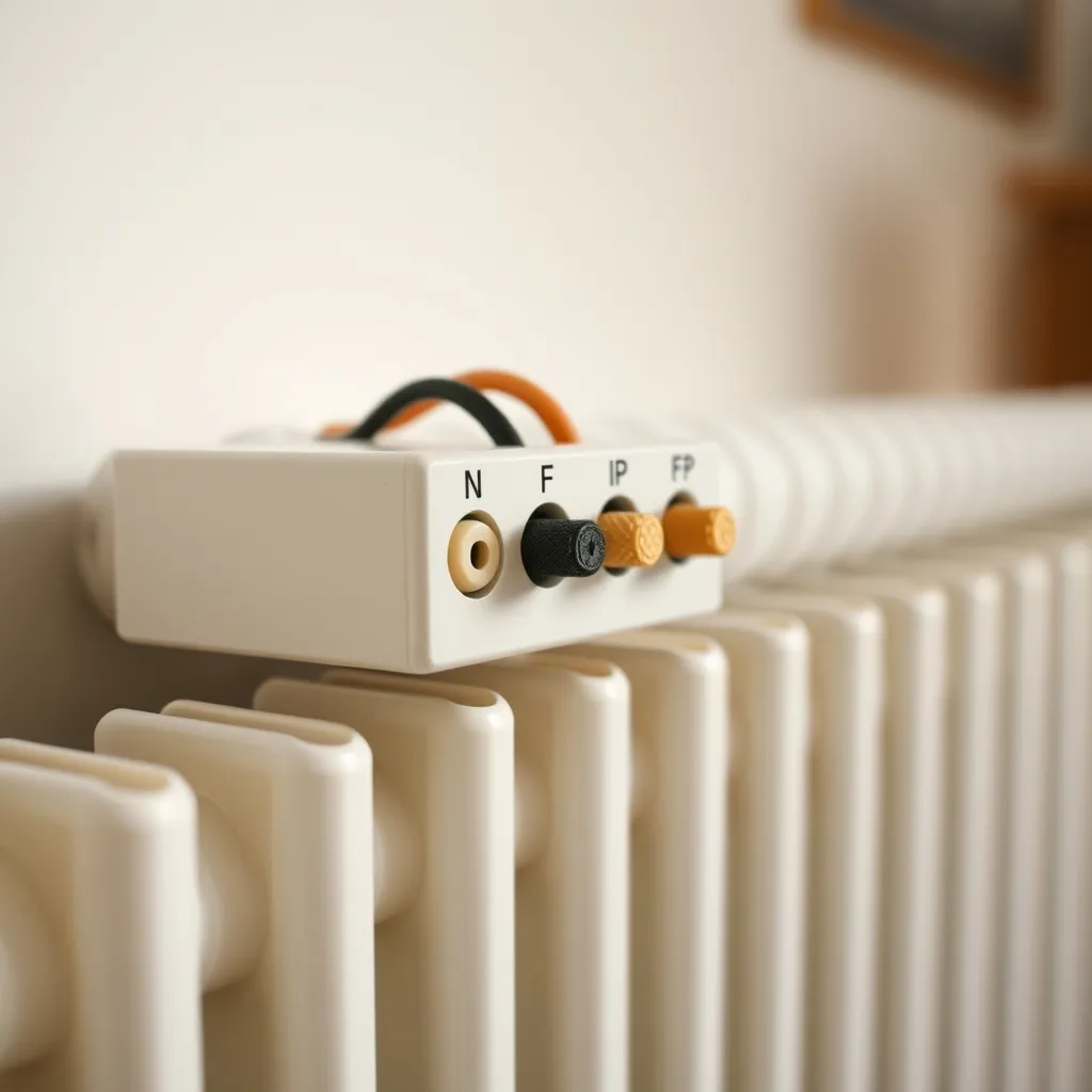 Bornier d'un radiateur avec les bornes L (phase), N (neutre) et FP (fil pilote) identifiées