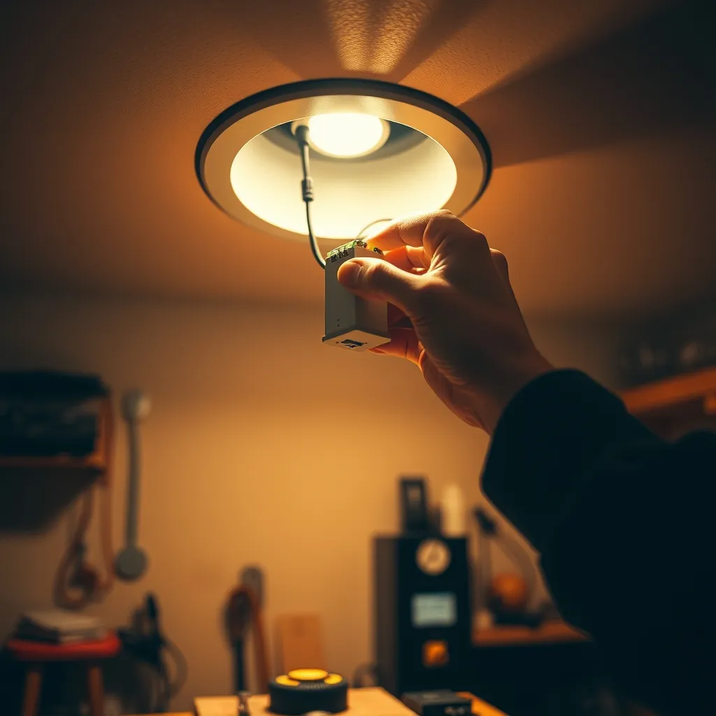 Remplacement d'un transformateur 12 V halogène par un driver LED régulé dans un faux plafond
