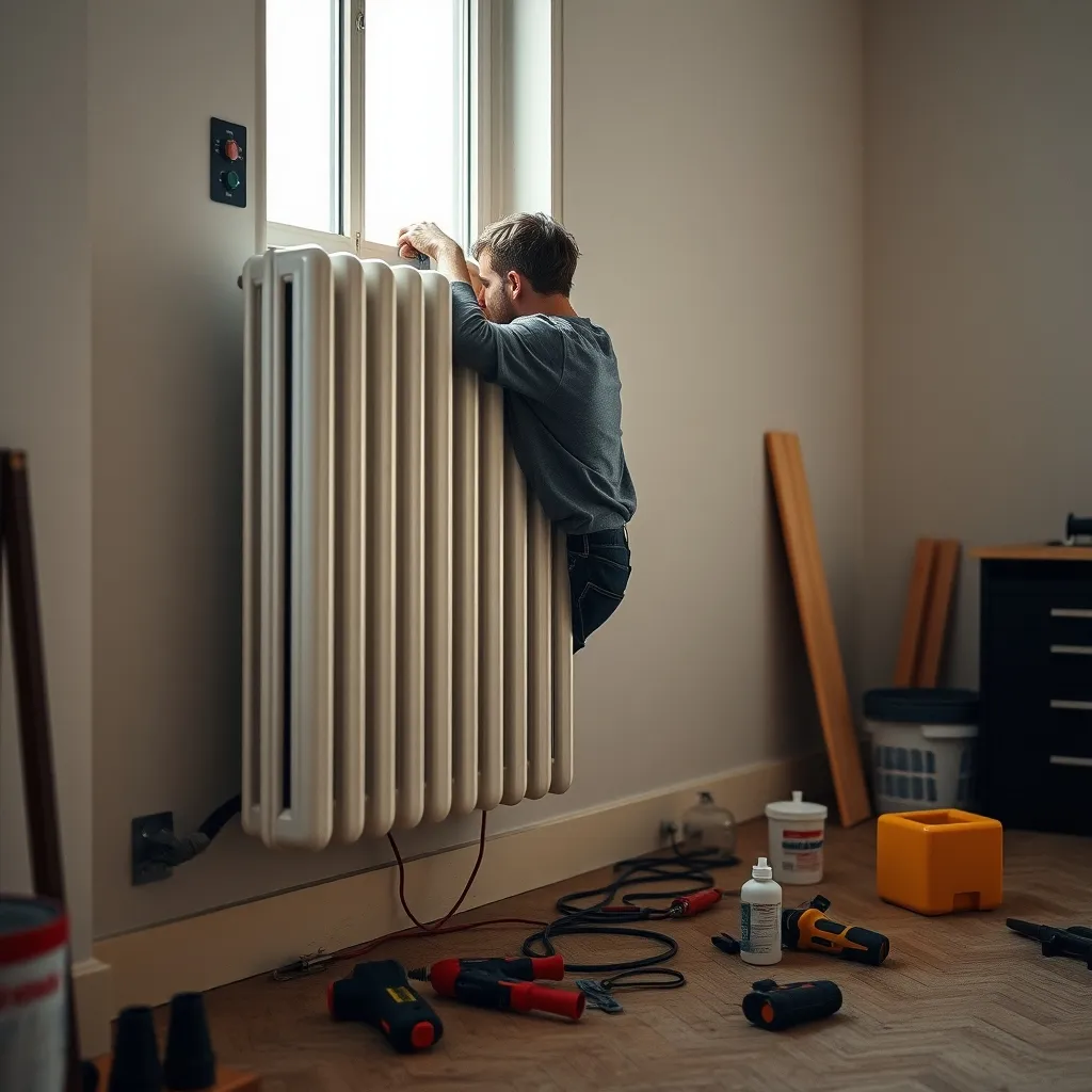 Pose d'un radiateur à inertie sèche céramique : le cœur de chauffe pèse entre 18 et 35 kg