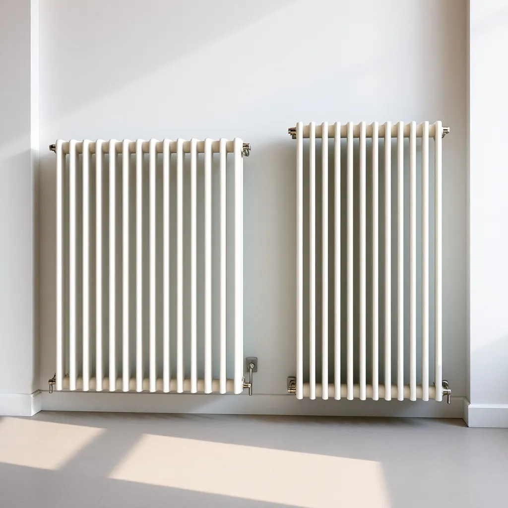 Comparaison visuelle entre un radiateur à inertie fluide (gauche) et un modèle à inertie sèche (droite)