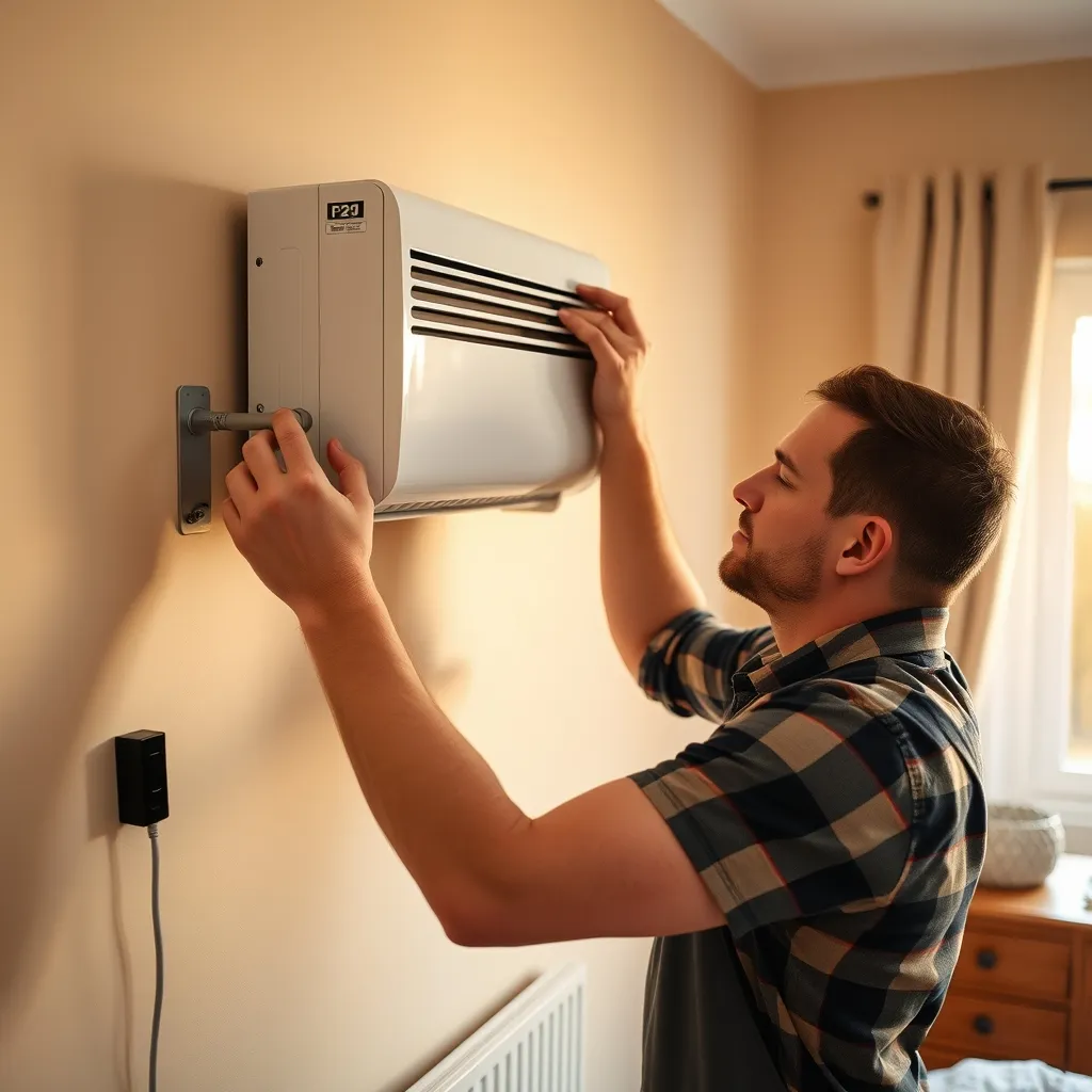 Installation d'un radiateur à inertie sur ses supports muraux dans une chambre