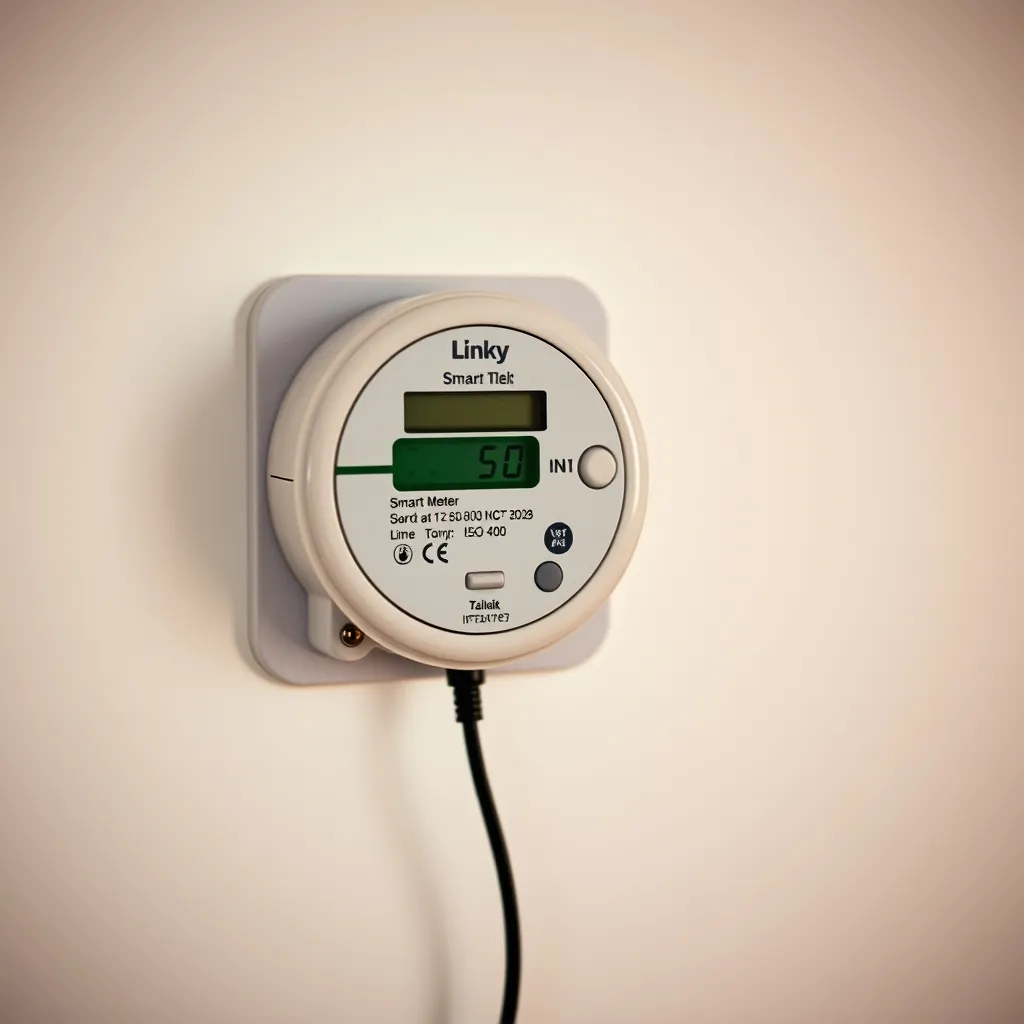 Compteur Linky avec câble de téléinformation raccordé pour alimenter le délesteur en données de puissance