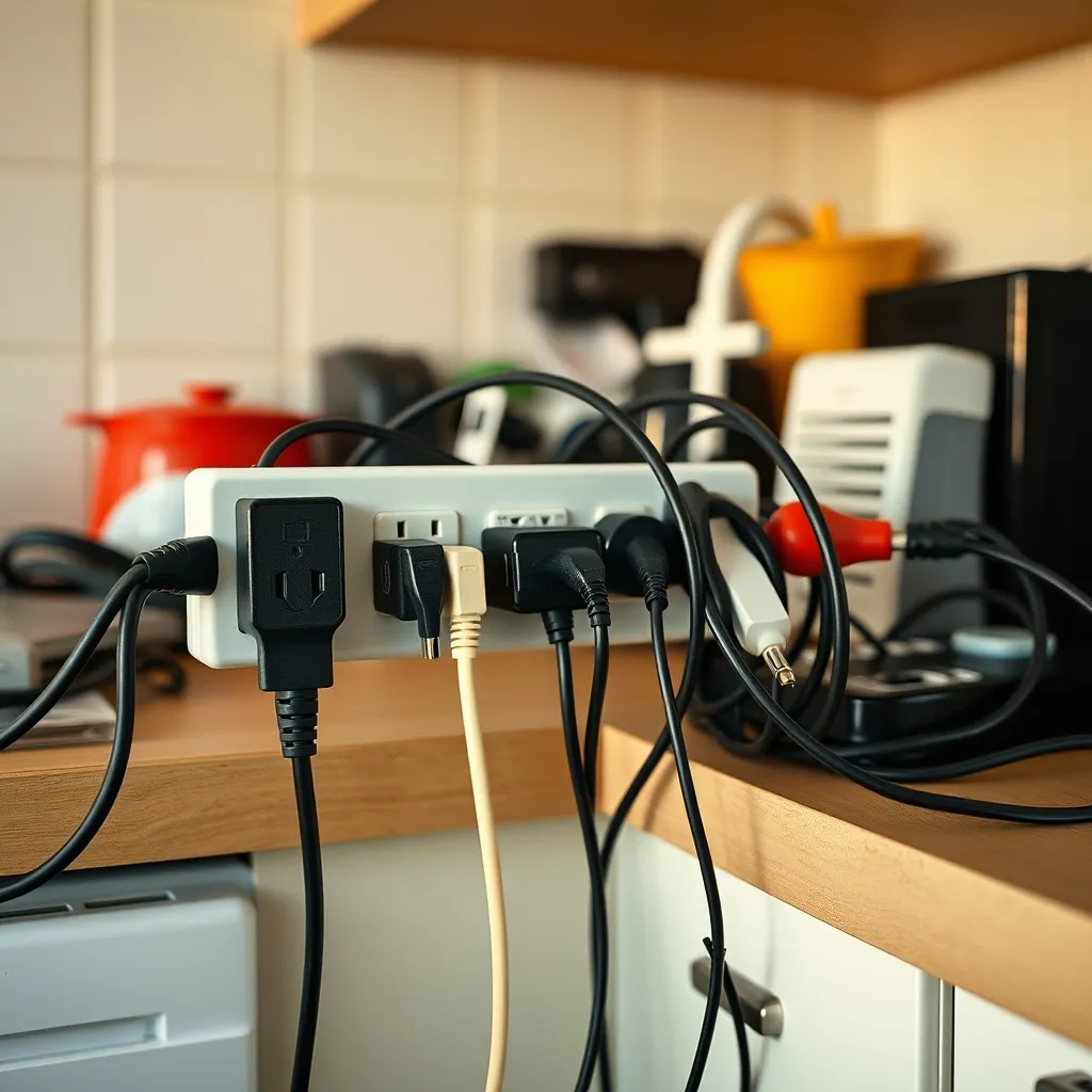 Multiprise surchargée avec plusieurs appareils branchés simultanément
