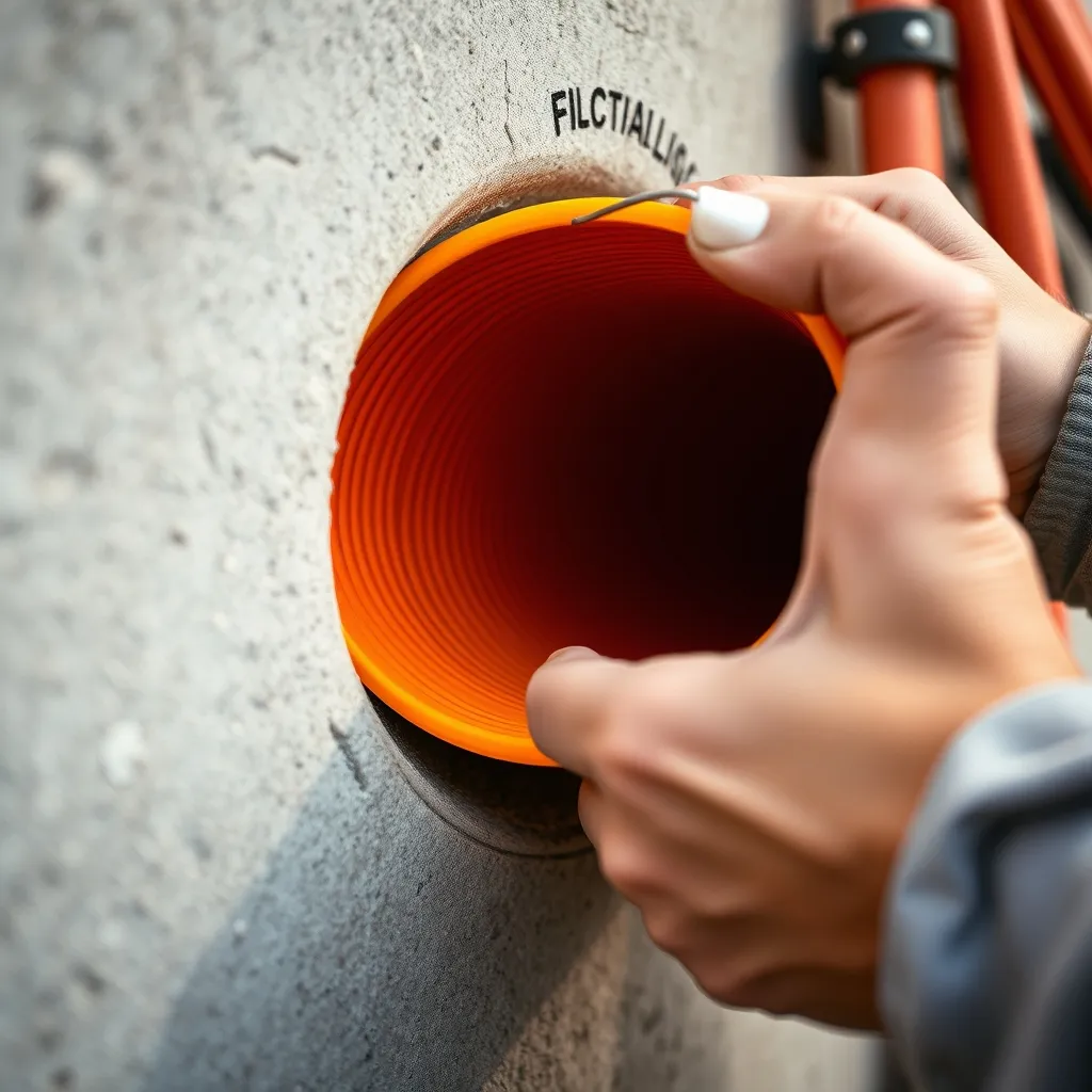 Passage de gaine ICTA dans une saignée murale avec tire-fil visible à l'intérieur