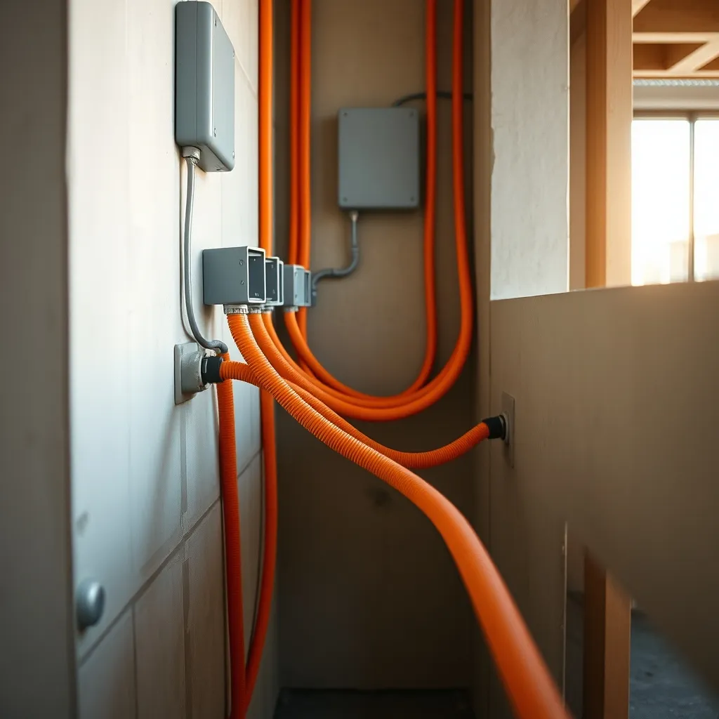 Installation conforme de gaines ICTA avec boîtes de dérivation et coudes avant rebouchage des saignées