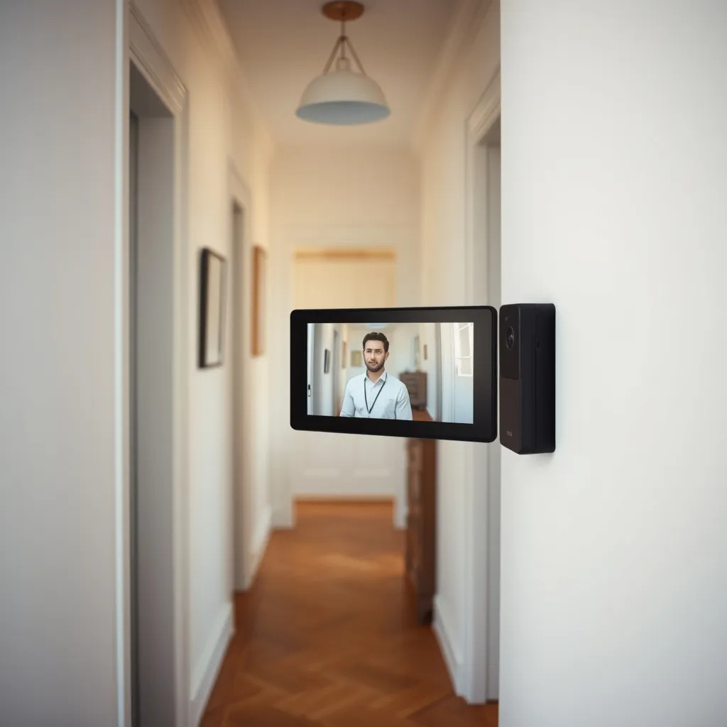 Moniteur intérieur de visiophone installé dans l'entrée d'un appartement rénové