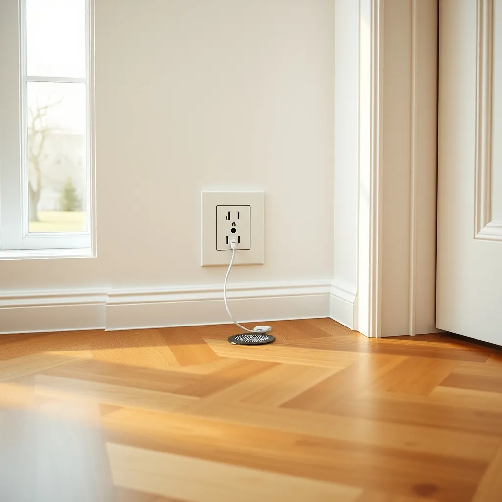 Prise encastrée raccordée après passage du câble sous le parquet ancien