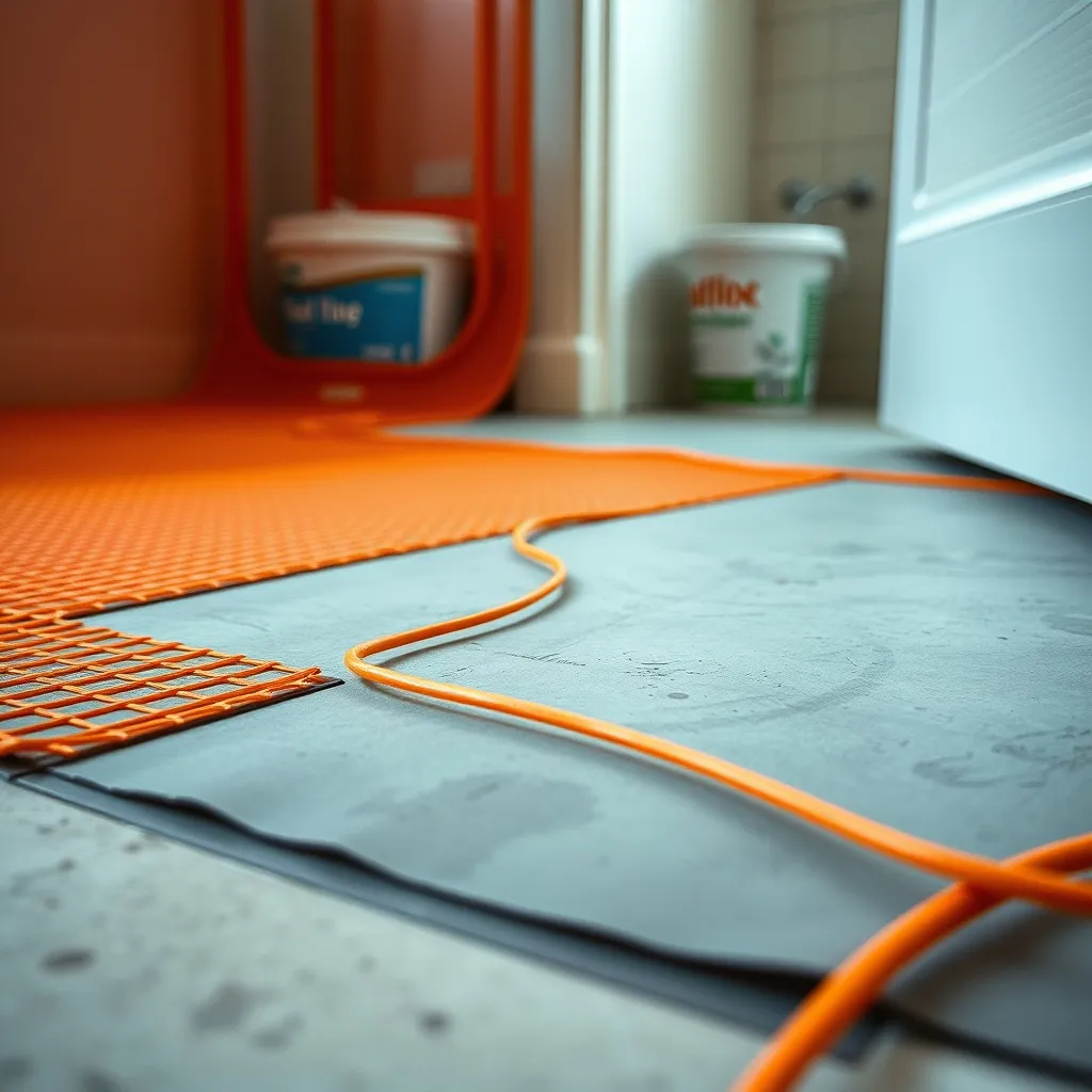 Nappe chauffante précâblée déroulée sur le sol d'une salle de bains avant enrobage