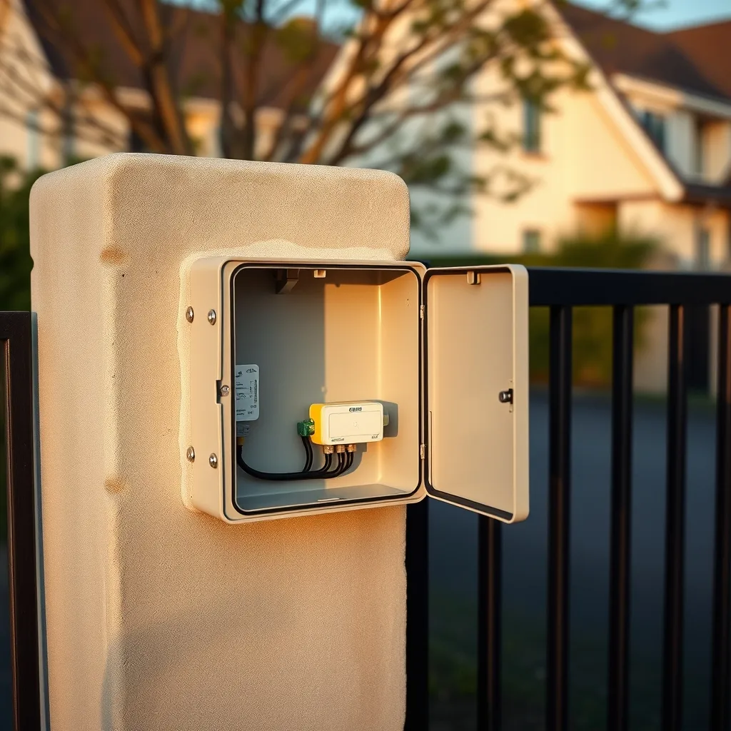 Coffret de dérivation IP 55 ouvert sur pilier de portail avec borniers de raccordement
