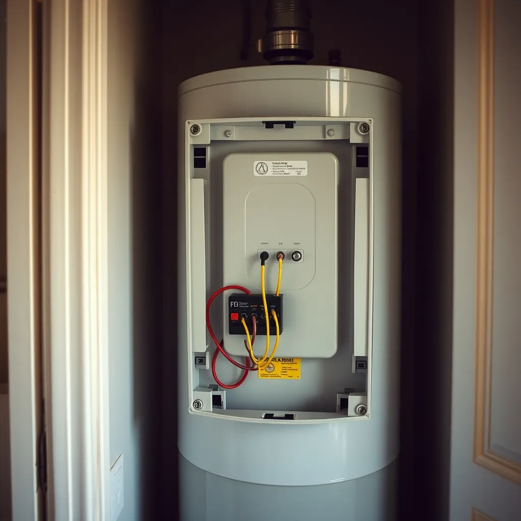 Bornier de raccordement sous le capot inférieur du chauffe-eau avec les trois fils connectés