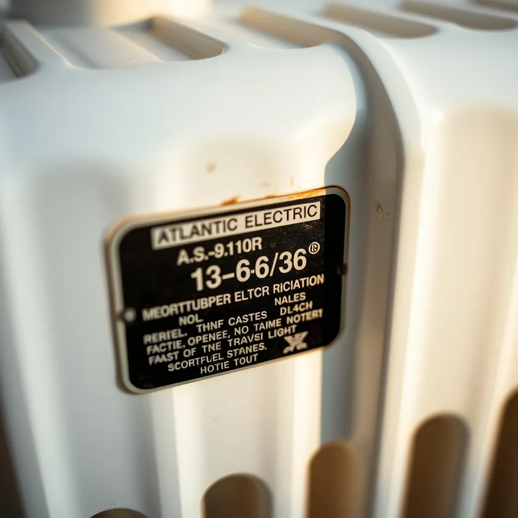 Étiquette signalétique à l'arrière d'un radiateur Atlantic avec référence et puissance