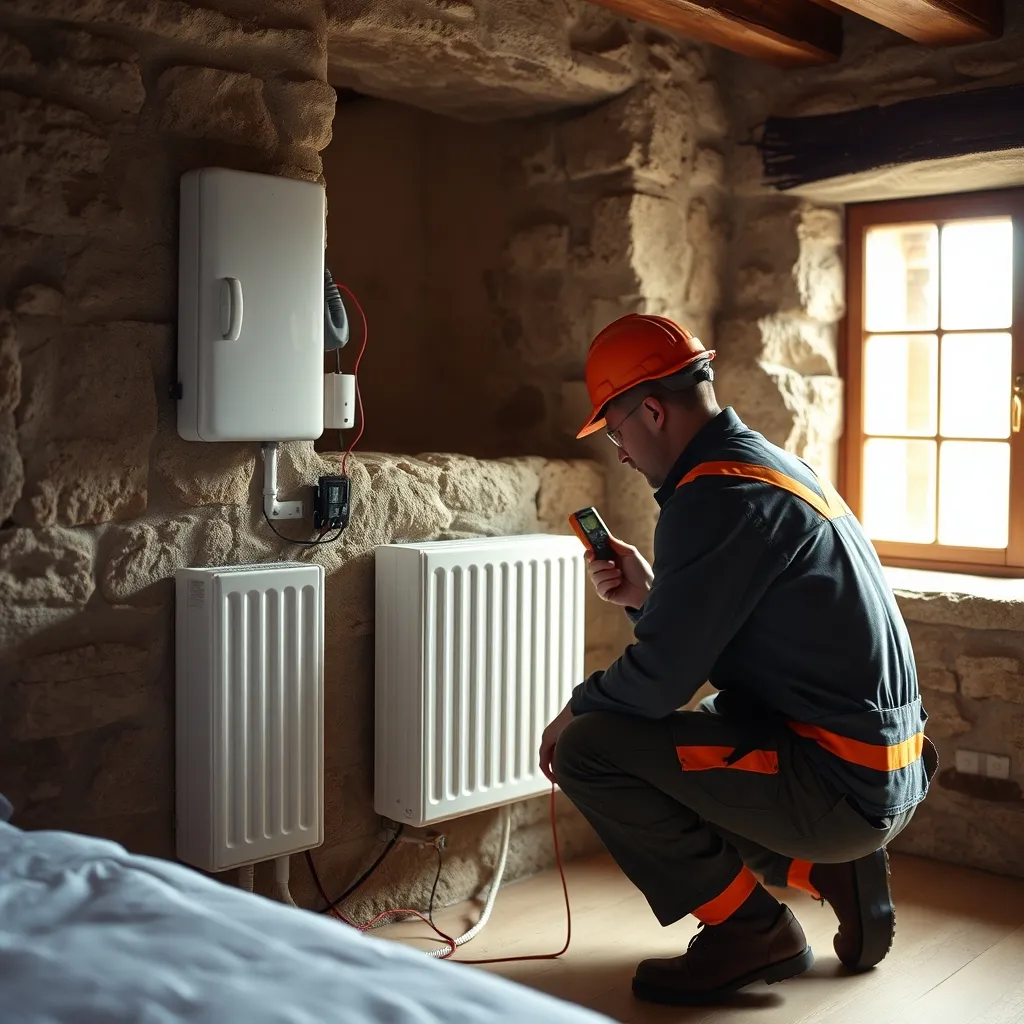 Vérification du câblage d'un radiateur connecté dans une maison en pierre rénovée