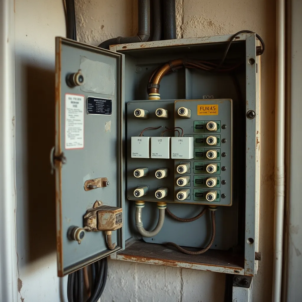 Ancien tableau électrique à fusibles en bakélite nécessitant un remplacement complet