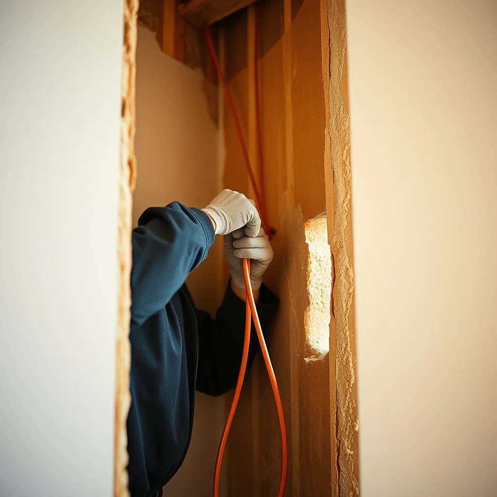 Tirage de gaines ICTA dans les cloisons lors d'une rénovation électrique de cuisine
