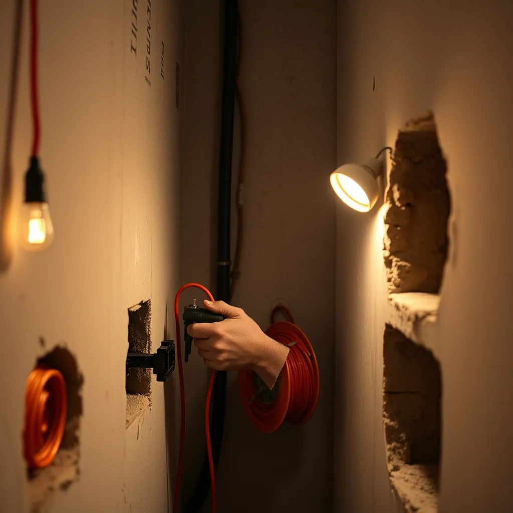 Tirage de câbles en cuivre sous gaine ICTA dans les saignées d'un appartement en rénovation complète