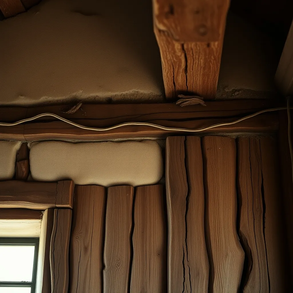 Mur intérieur à colombages avec anciens fils électriques apparents le long des pans de bois