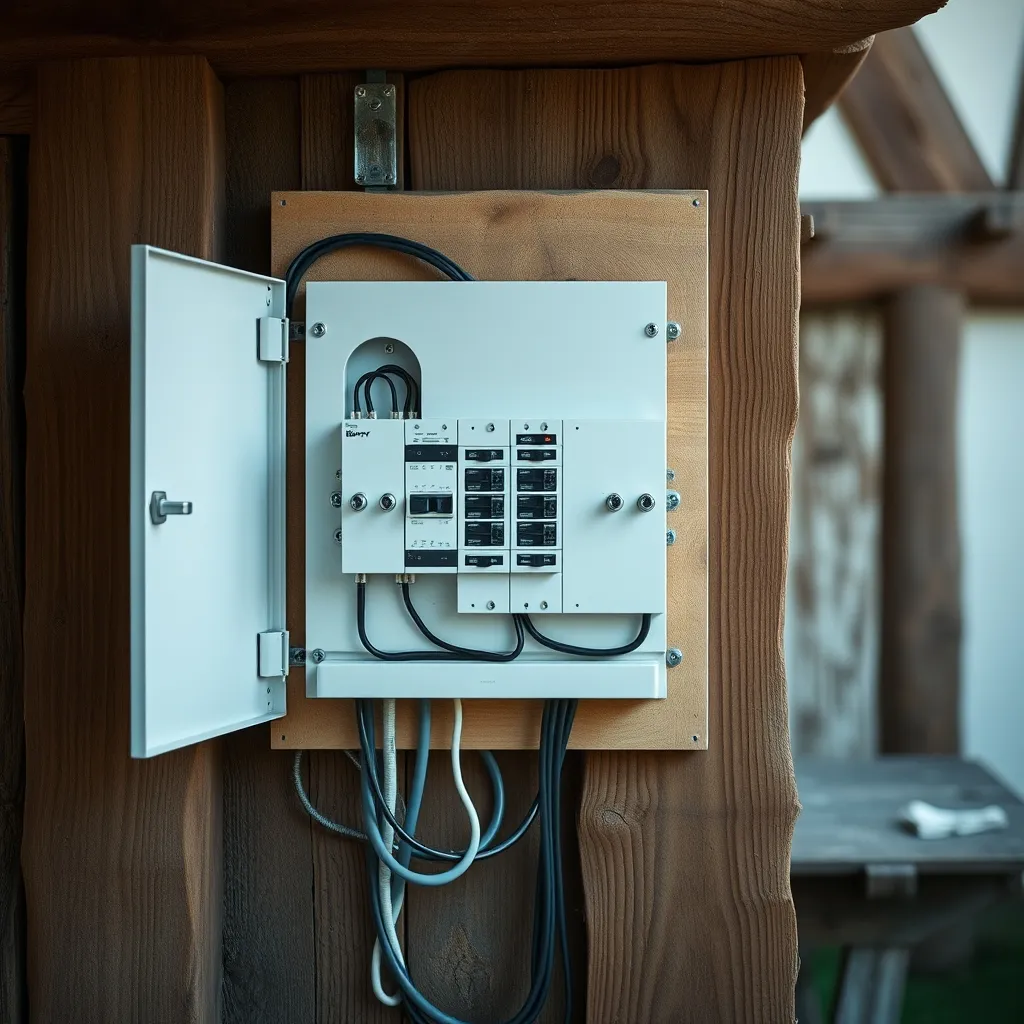 Tableau électrique neuf installé entre deux poteaux de colombage dans une maison rénovée