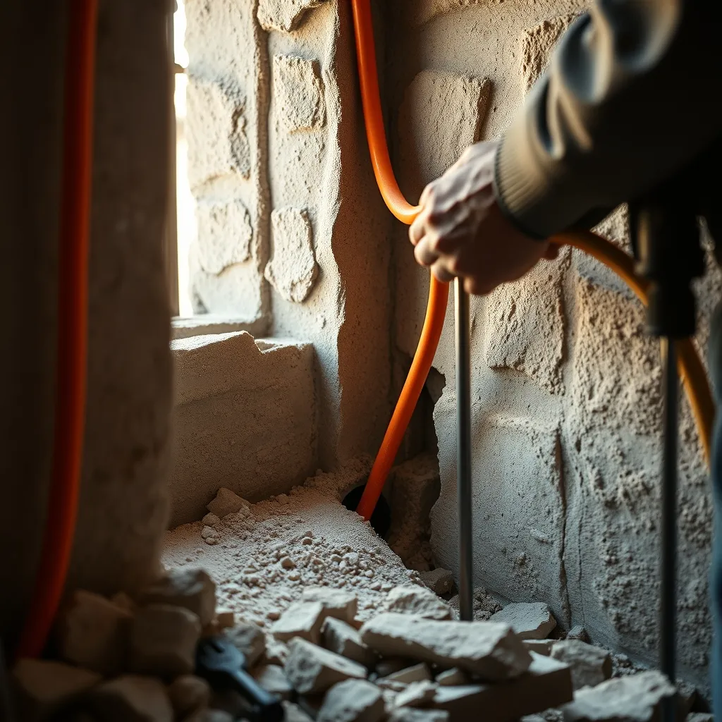 Passage d'une gaine ICTA à travers un mur en pierre de 50 cm au foret long