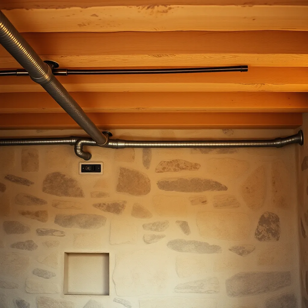 Tubes IRL métalliques apparents dans une pièce de caractère en pierre avec poutres