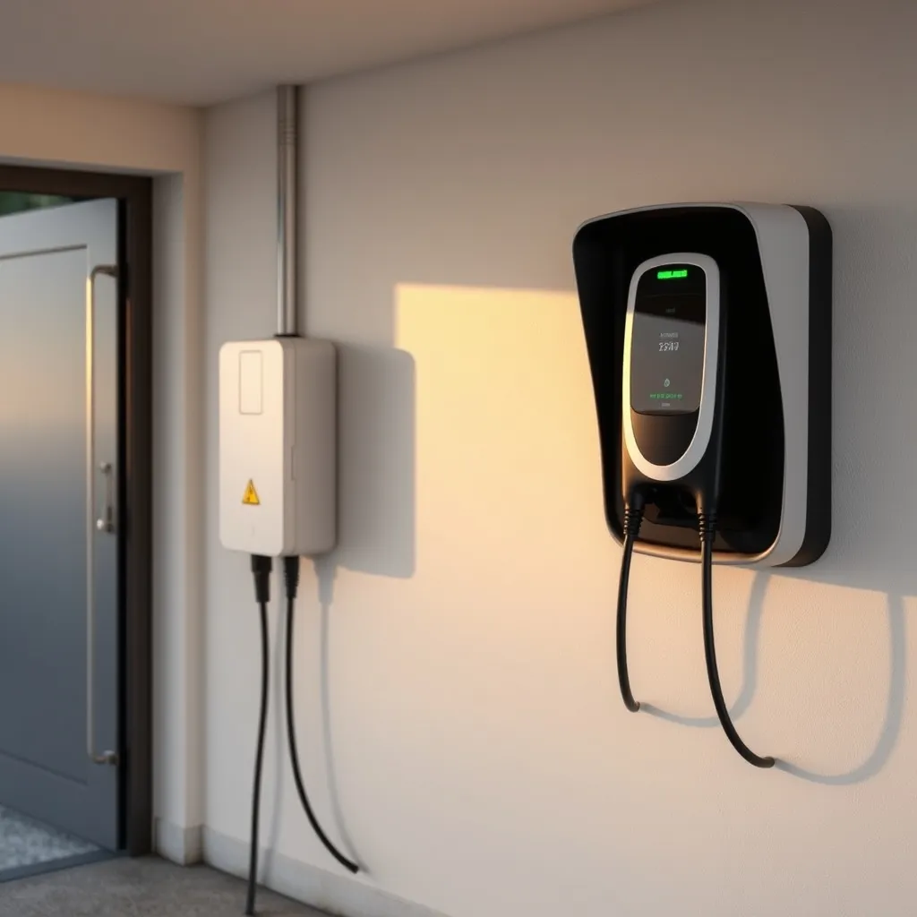 Borne de recharge murale installée dans un garage résidentiel à côté du tableau électrique