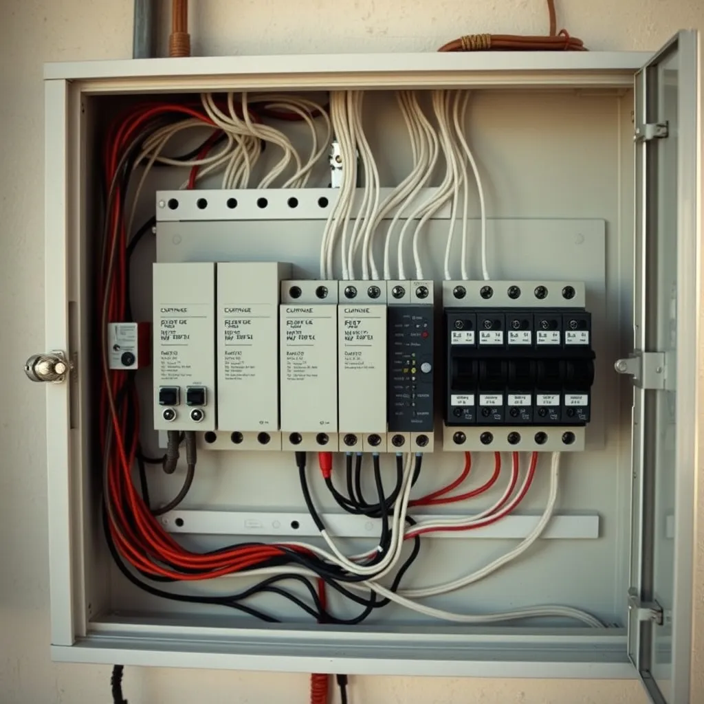 Tableau électrique organisé avec modules domotiques et câblage bus étiqueté