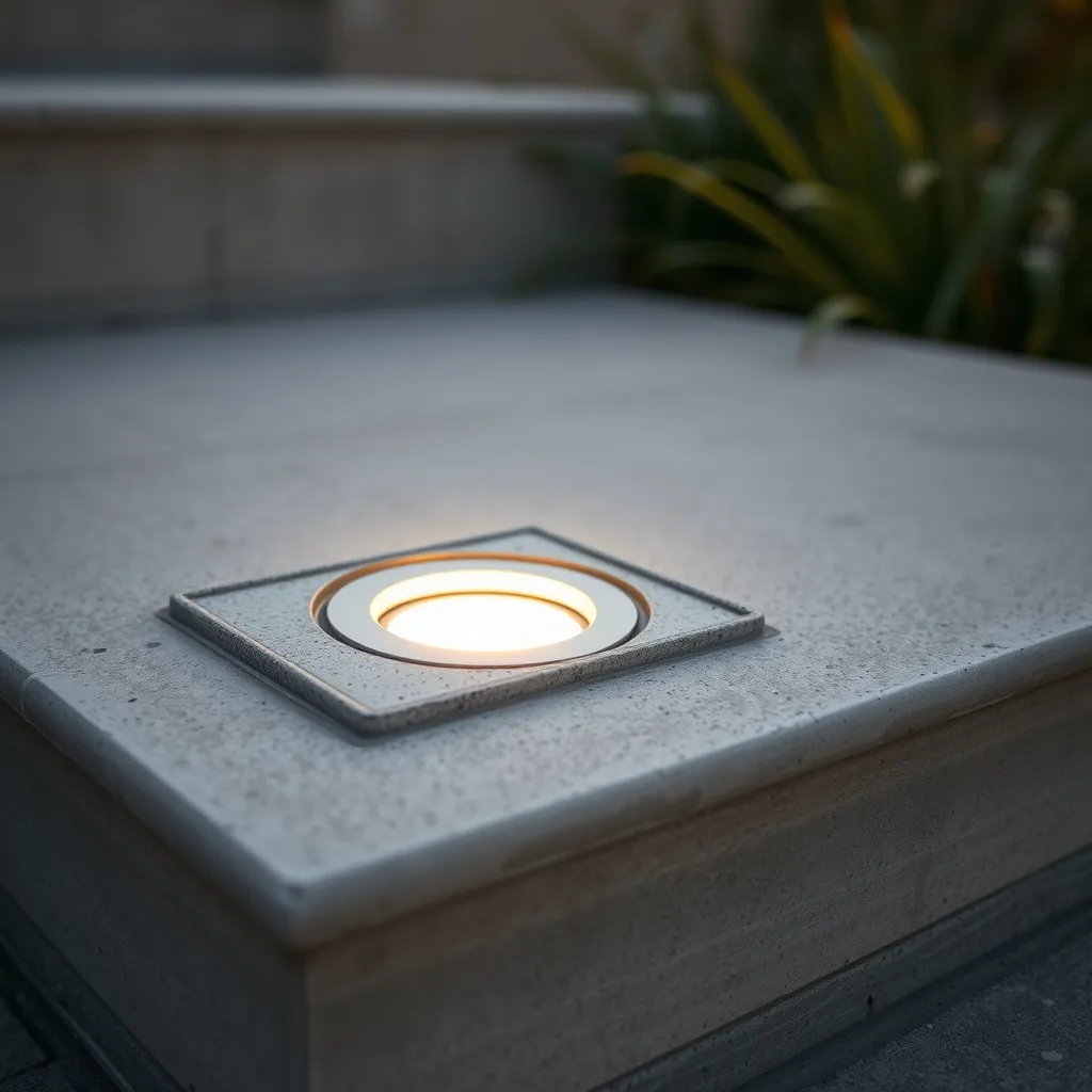 Détail d'un encastré de contremarche LED IP65 diffusant un éclairage rasant sur le nez de marche