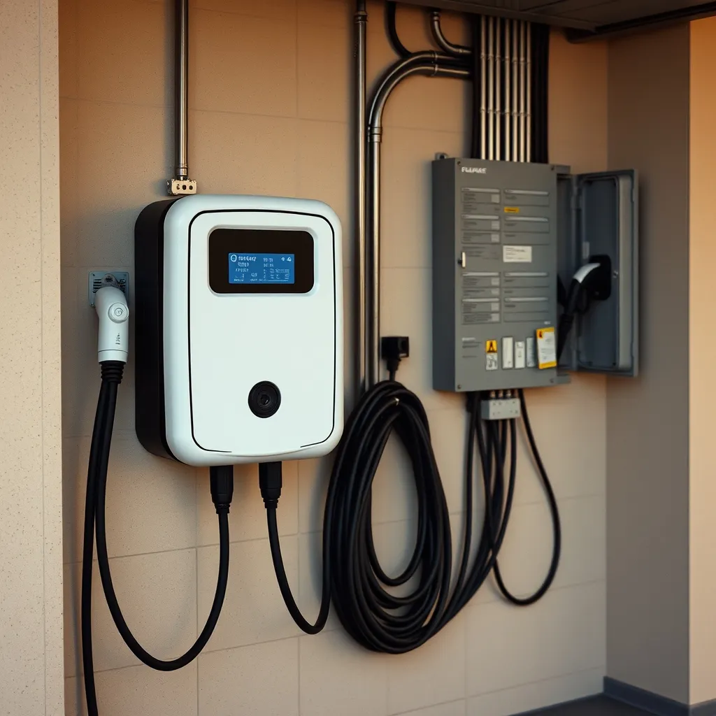 Borne de recharge domestique installée dans un garage à côté du tableau électrique