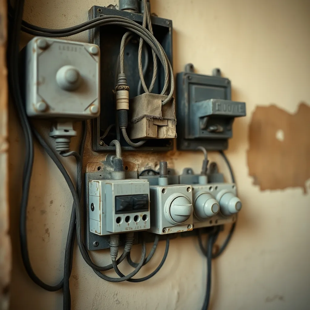 Installation électrique vétuste avec fils en coton et fusibles porcelaine dans une maison ancienne